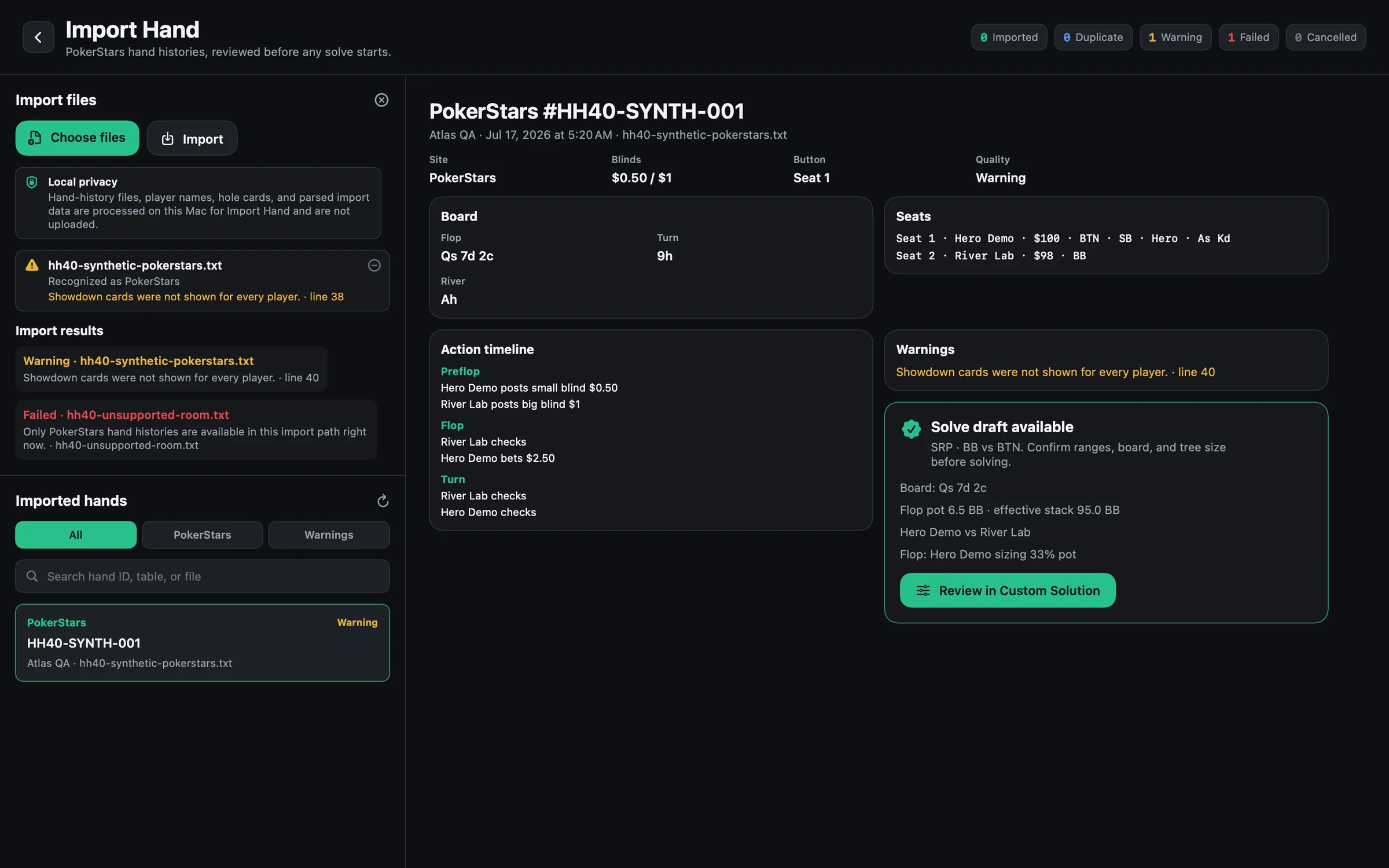 MelaGTO imported hand review screen