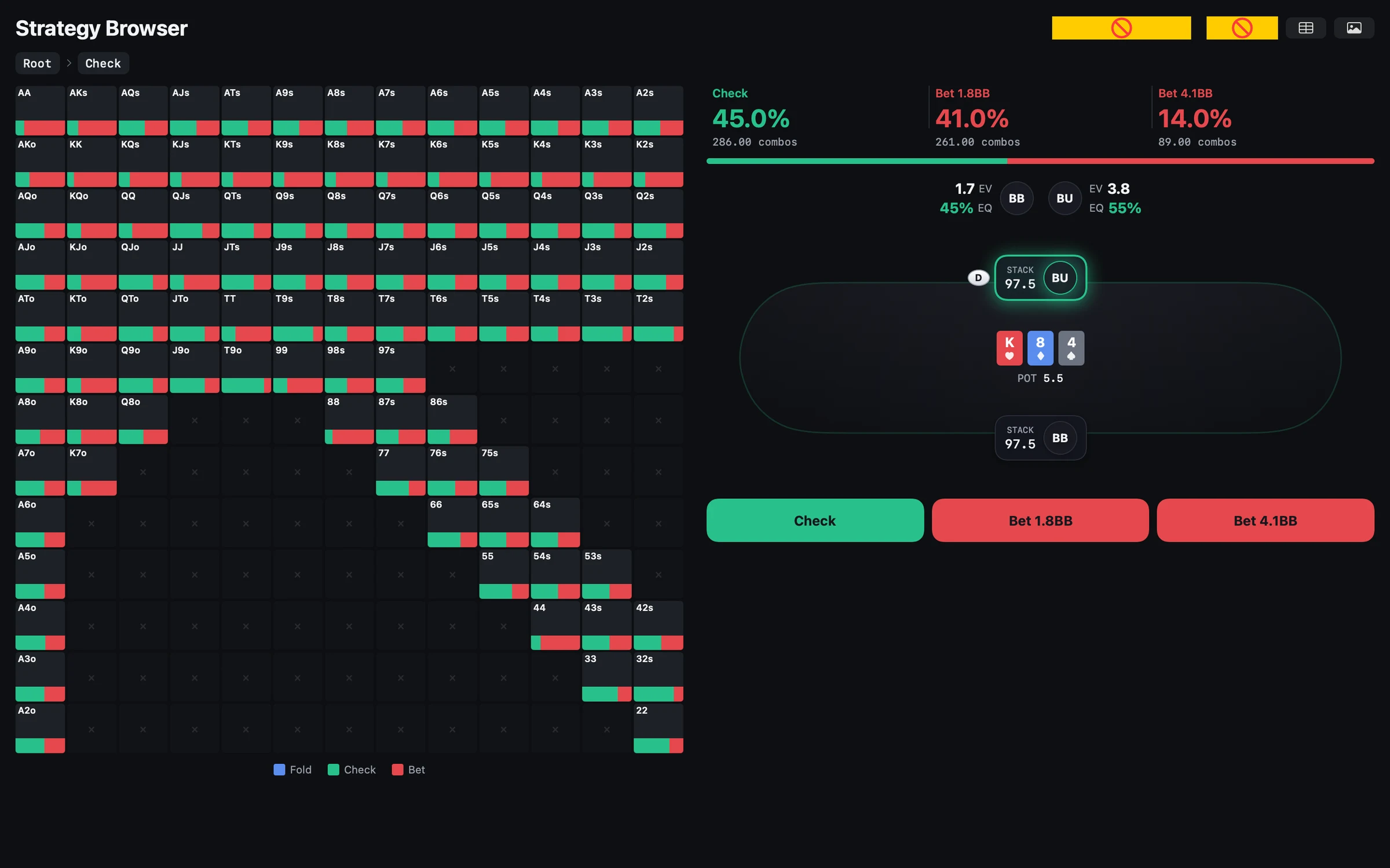MelaGTO solved strategy browser